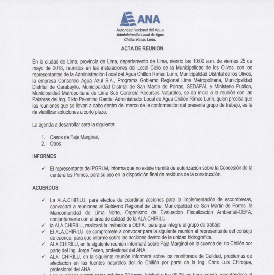 Acta de Reunion del Grupo de Trabajo Multisectorial de la Cuenca del Rio Chillon