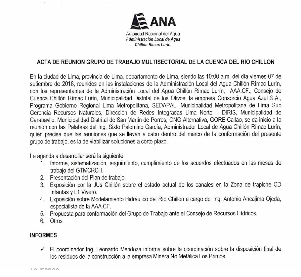 Acta de Reunion del Grupo de Trabajo Multisectorial de la Cuenca del Rio Chillon