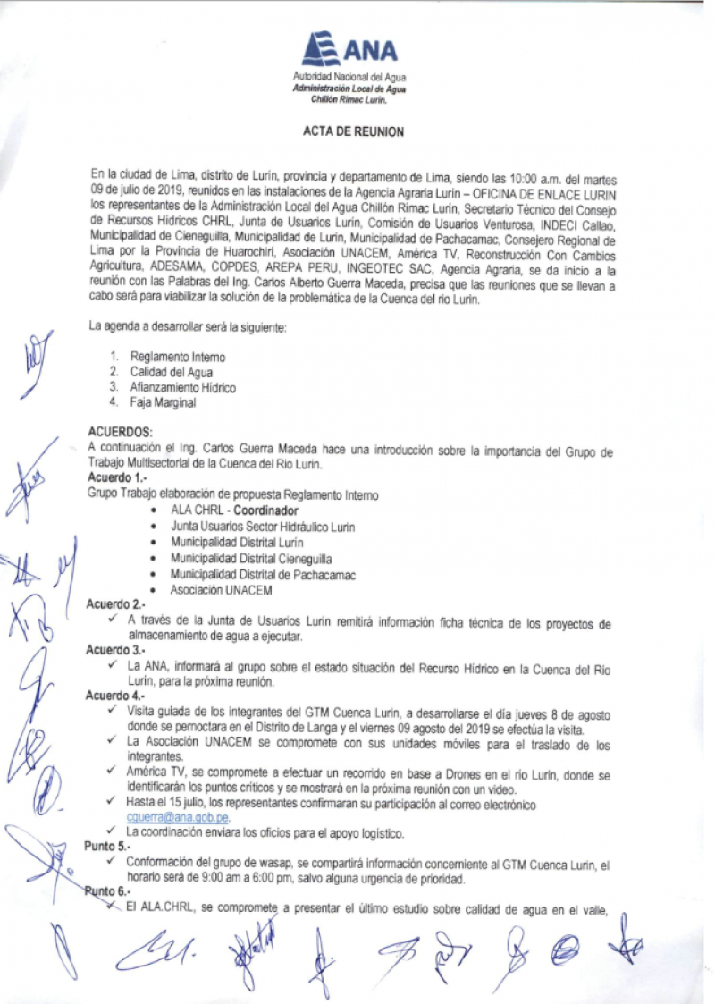 Acta de la Segunda Reunión del Grupo de Trabajo Multisectorial de la Cuenca del Río Lurín