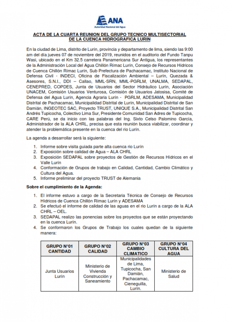 Acta de la Cuarta Reunión del Grupo de Trabajo Multisectorial de la Cuenca del Río Lurín