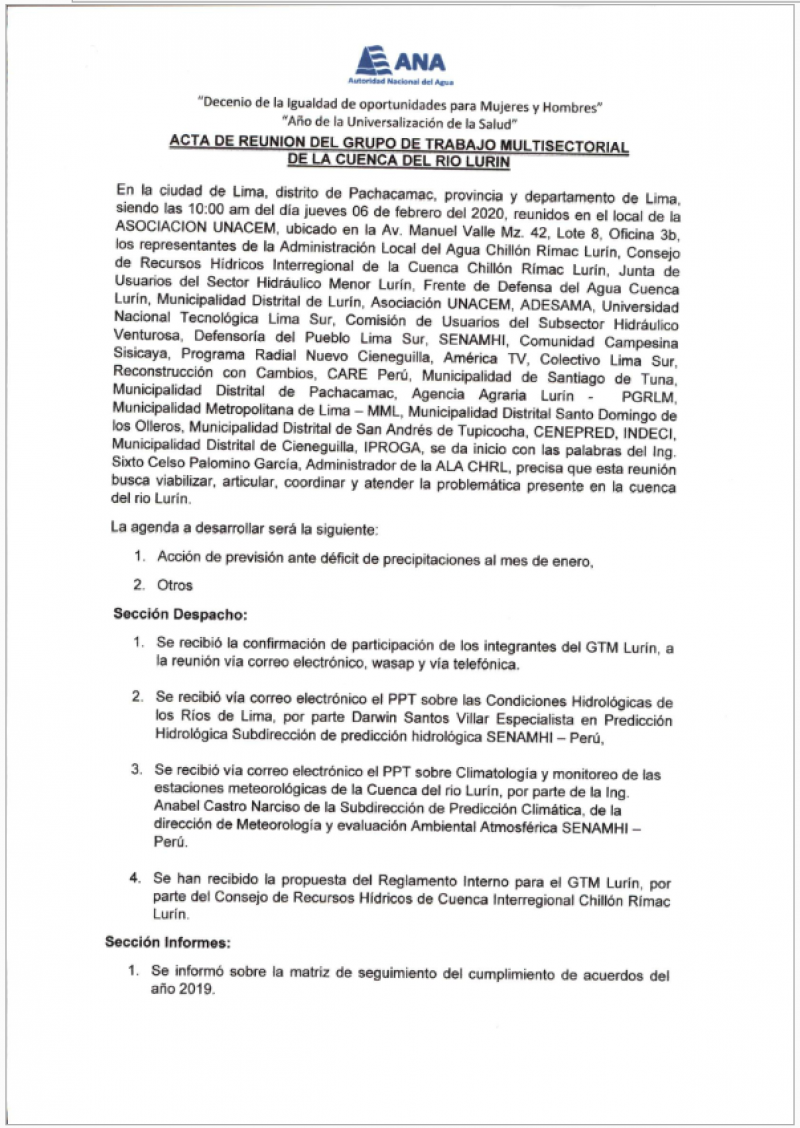 Acta de la Quinta Reunión del Grupo de Trabajo Multisectorial de la Cuenca del Río Lurín