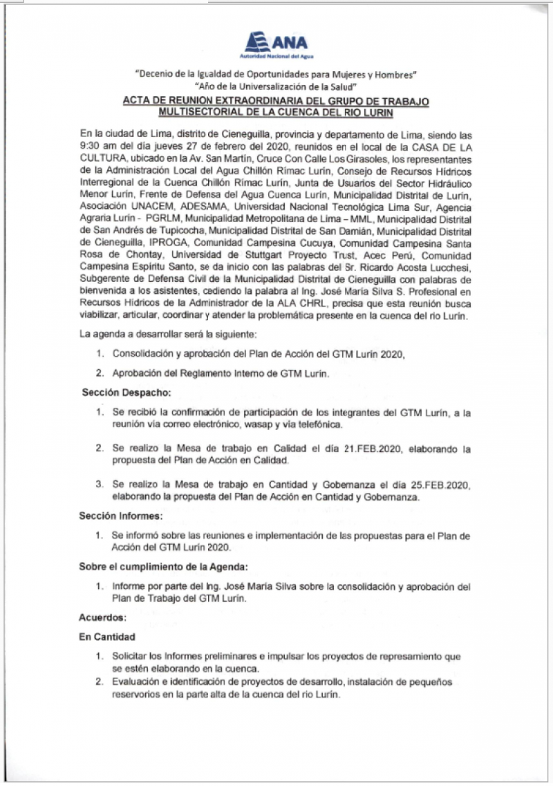 Acta de la Sexta Reunión Extraordinaria del Grupo de Trabajo Multisectorial de la Cuenca del Río Lurín