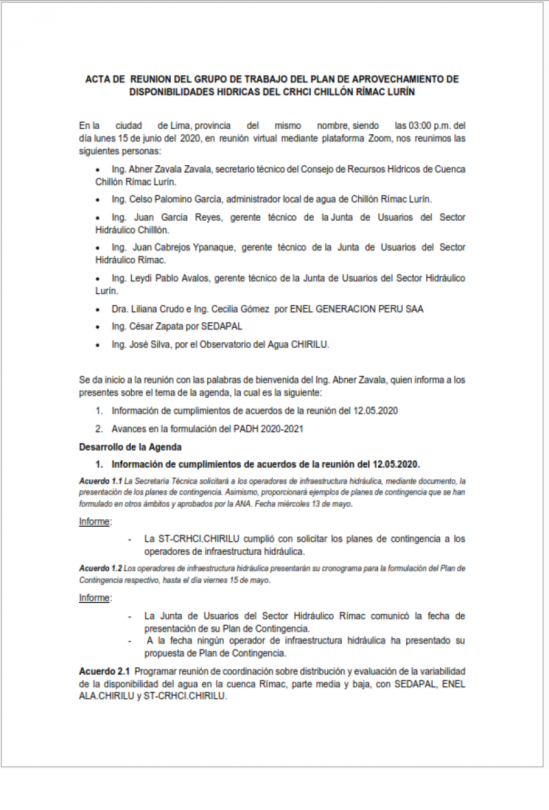 Acta de la Octava Reunión del Plan de Aprovechamiento de Disponibilidades Hídricas.