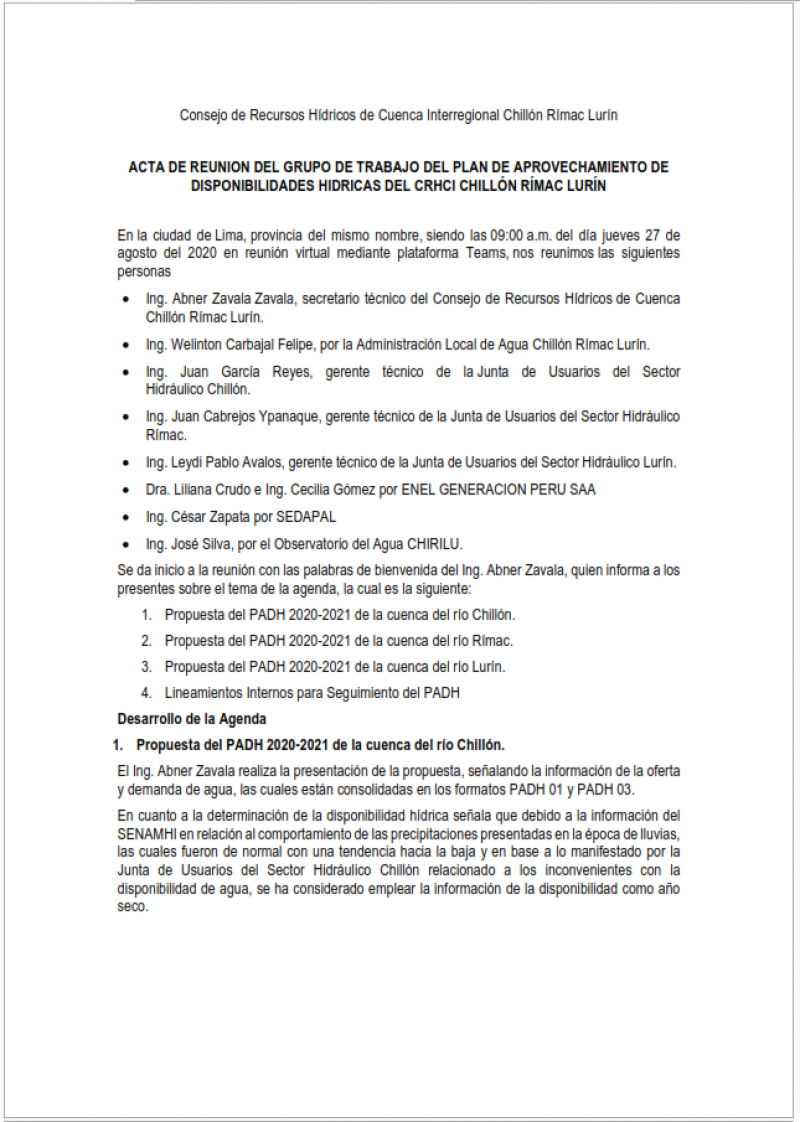 Acta de la Novena Reunión del Plan de Aprovechamiento de Disponibilidades Hídricas.