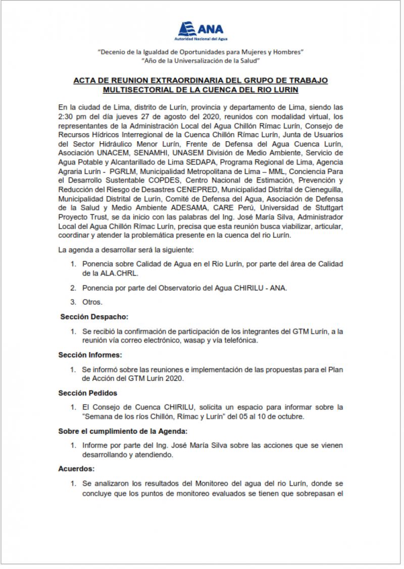 Acta de Octava Reunión Extraordinaria del Grupo de Trabajo Multisectorial de la Cuenca del Río Lurín