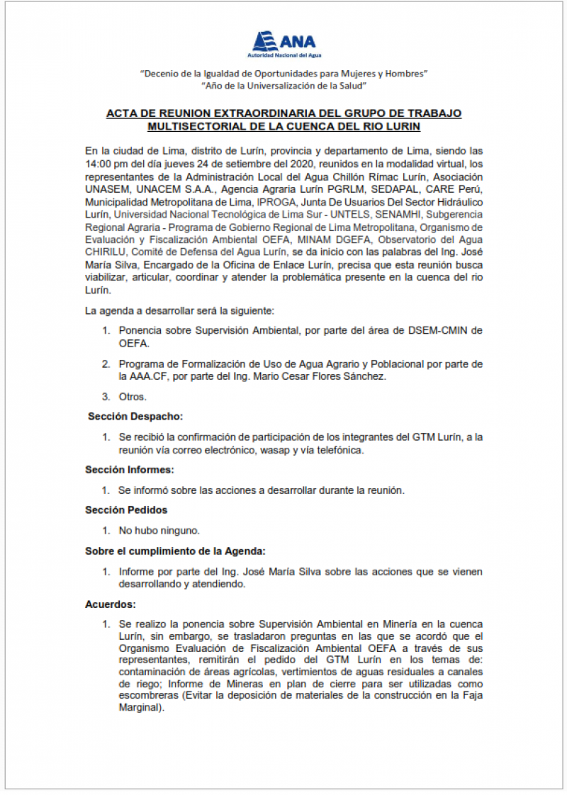 Acta de la Novena Reunión Extraordinaria del Grupo de Trabajo Multisectorial de la Cuenca del Río Lurín