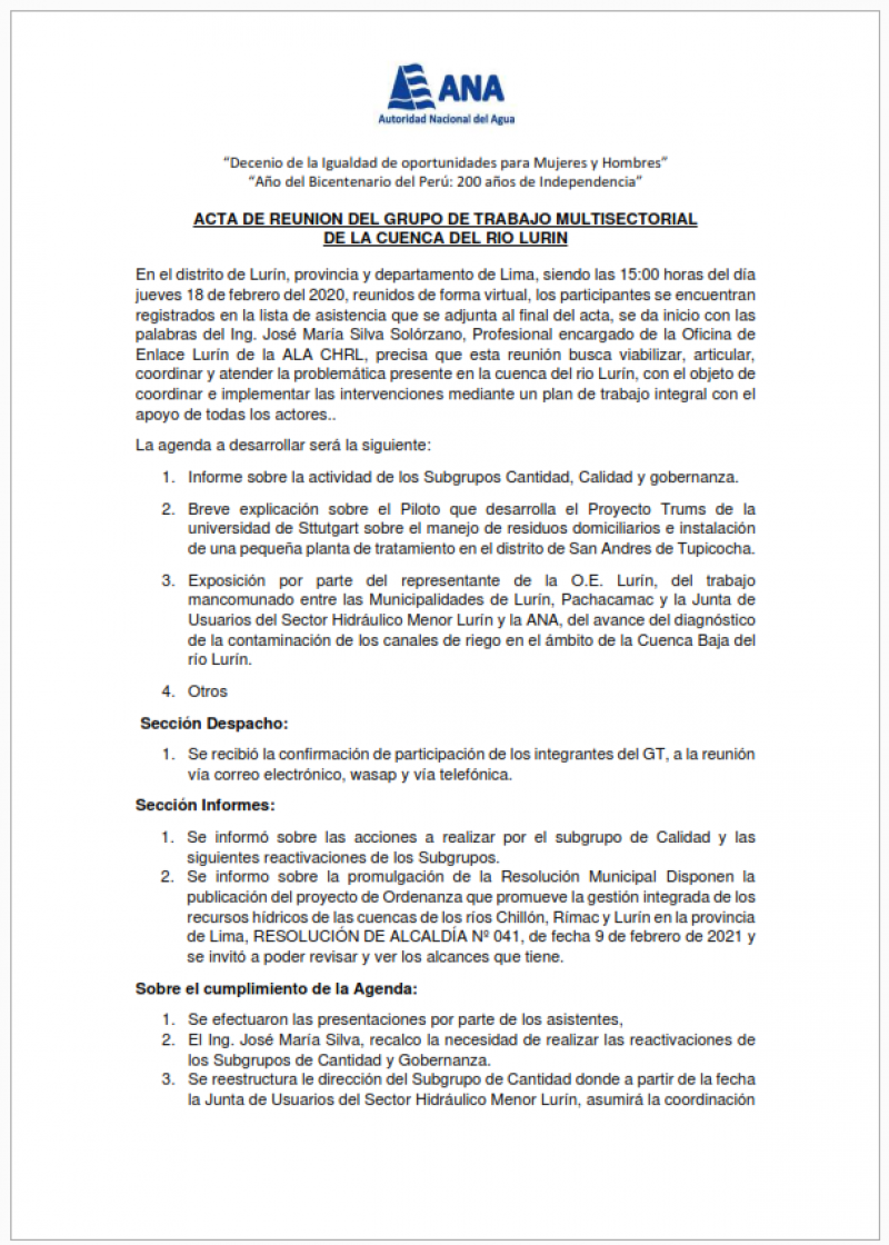 Acta de la Decima Reunión del Grupo de Trabajo Multisectorial de la Cuenca del Río Lurín