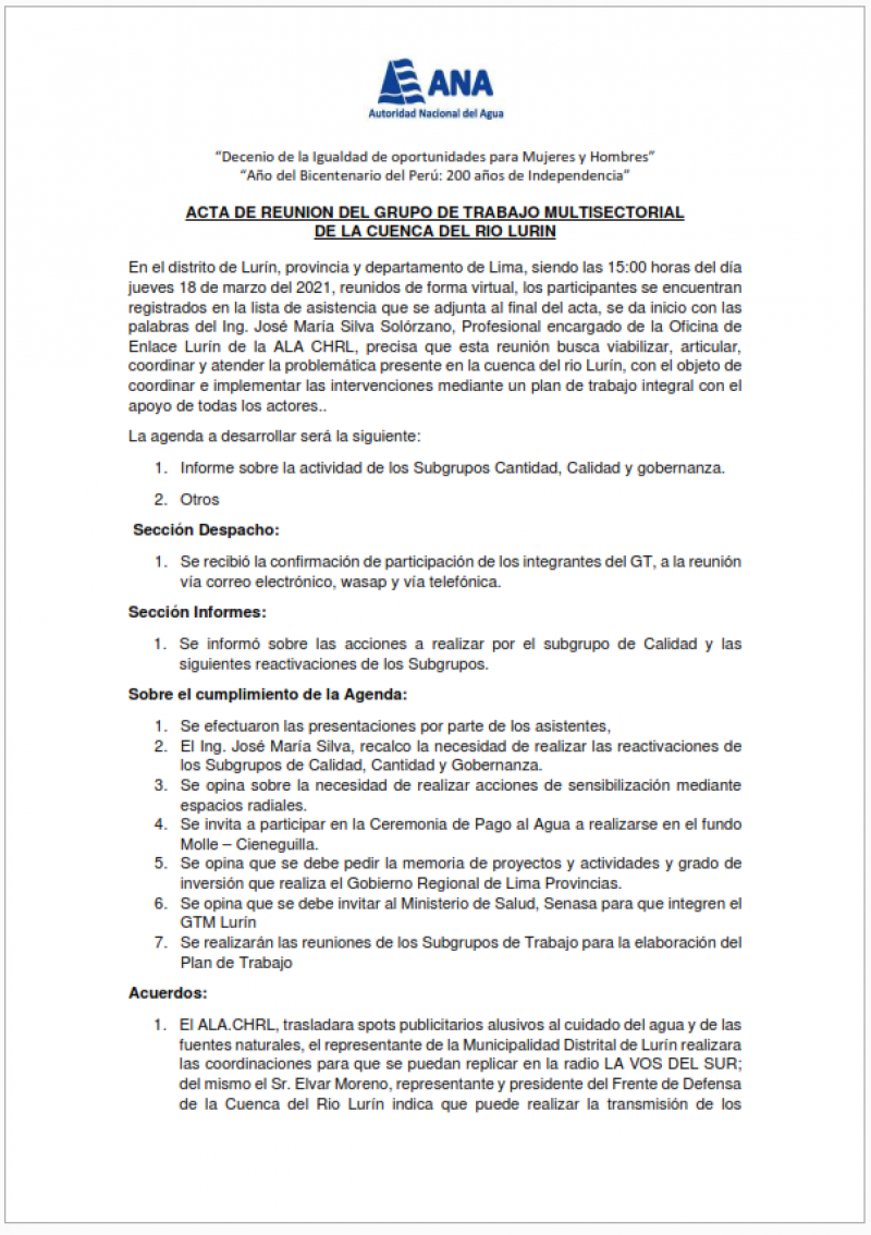 Acta de Decimo Primera Reunión del Grupo de Trabajo Multisectorial de la Cuenca del Río Lurín