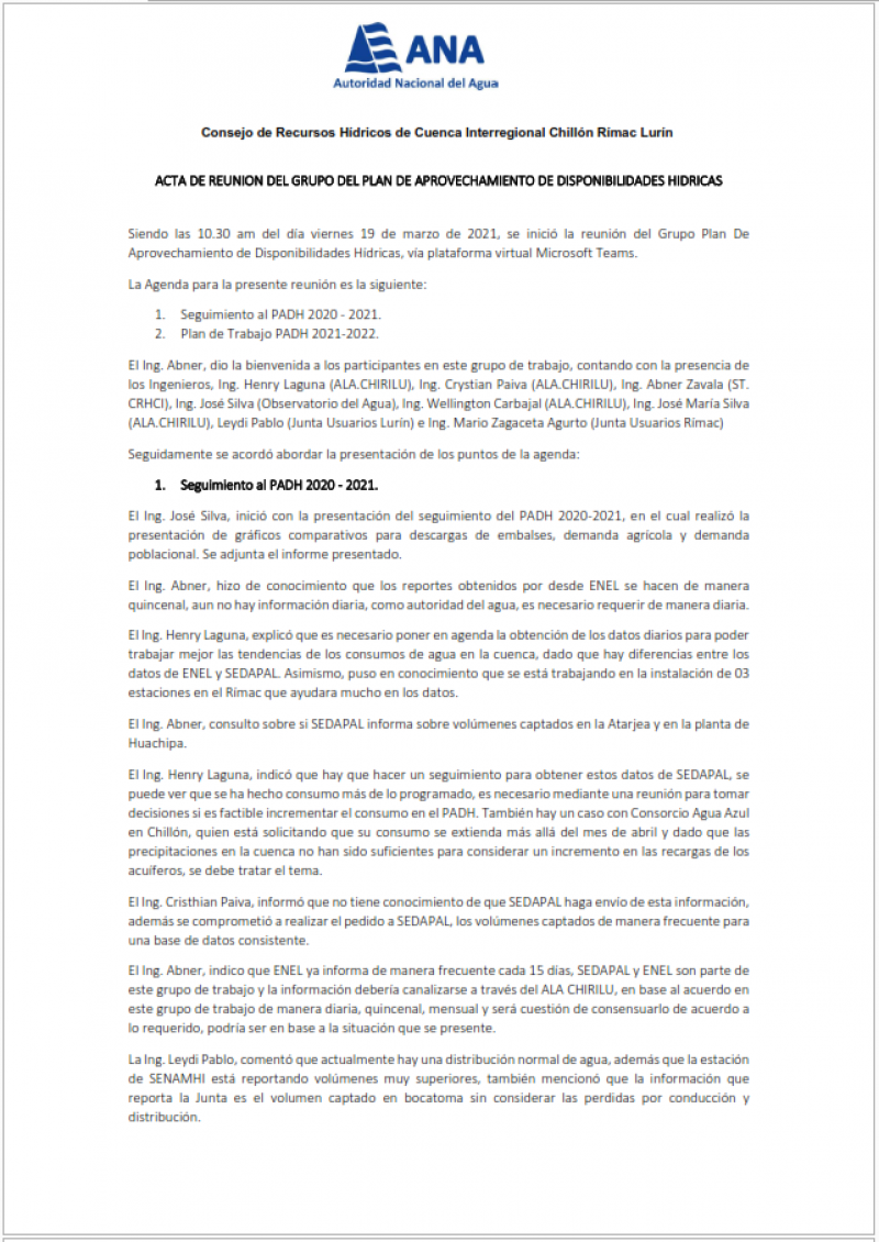 Acta de la Decima Reunión del Plan de Aprovechamiento de Disponibilidades Hídricas.